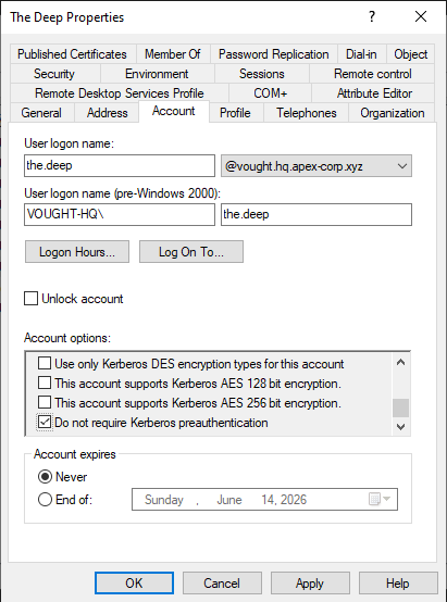 User Account tab in ADUC showing Do not require Kerberos preauthentication checkbox checked